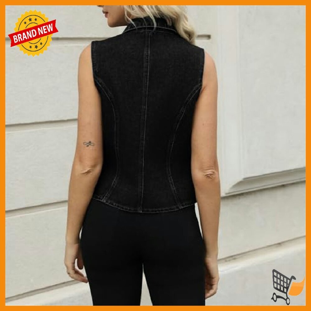 Slim Fit Denim Vest Lapel Sleeveless Button Down Work Casual - Picture 5 of 5
